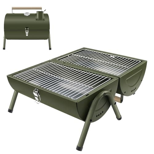 kisidus Barbacoa Carbón, Parrilla Portátil para Exterior, BBQ con Tapa, Ventilación Ajustable, Termómetro, para Acampada o Picnic, para Exterior, Terraza, verde