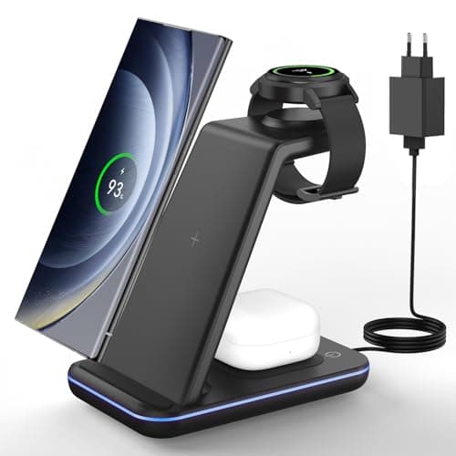 JoyGeek Cargador Inalámbrico para Samsung, Estacion de Carga 3 en 1 para Samsung S25/S24/S23/S22/ZFlip/Fold, Base Carga para Galaxy Watch Ultra/7/6/5/4/3, Carregador sem fios para Galaxy Buds-Negro