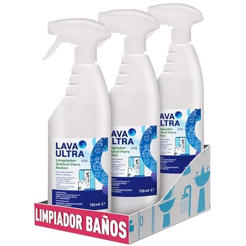 LavaUltra L112 Limpiador Antical Baños Spray 3x750ml – Antical Profesional para Mamparas,Grifos y Baldosas–Ideal para Cromo y Sanitarios de Color–Elimina Cal, Manchas y Suciedad.Con aroma a mentol.