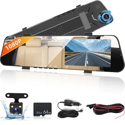Espejo Retrovisor con Camara con Tarjeta TF 64G, Pantalla Táctil IPS 1080P de 4,5 Pulgadas/Registro de Ciclo/Visión Nocturna/Sensor G/Asistencia al Estacionamiento + Cámara de Marcha Atrás