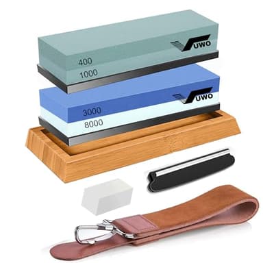 vuwo Piedra de Afilar para Cuchillos - Profesional Piedra Afiladores de Doble Cara Grano 400/1000 & 3000/8000, Incluye Correa de Cuero, Base de Bambú, Guía de Ángulo y Combinación de Pulido, Soporte d