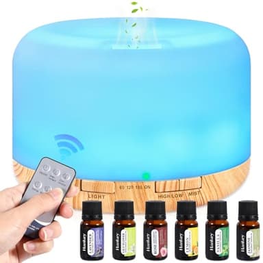 AQXONG 500ML Difusor Aceites Esenciales, Humidificador de Aromas con 6x10ml Aceites Esenciales, Difusor Ultrasónico con Mando a Distancia para Sala de Estar Dormitorio Yoga Oficina - 7 Colores LED