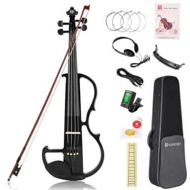 Vangoa Violín Electrico 4/4 Tamaño Completo Violín Silencioso para Principiante Madera Maciza Kit de Violin, Negro