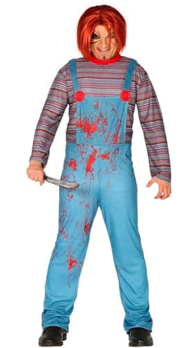 FIESTAS GUIRCA Disfraz de Muñeca Asesina para Hombre - Disfraz de Juguete Malvado con Mono Azul - Disfraces de Halloween para Hombre Talla Adulto XL