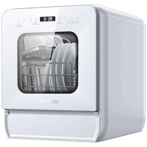 AIRMSEN Lavavajillas de Encimera Mini Lavavajillas con Tanque de 5L, 7+2 Programas Diseño Ultra Estrecho (37x50cm) y Gran Profundidad Lavavajillas Compacto Rociado Dual 360° Blanco (Blanco)