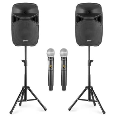 Vonyx VPS152A - Pack de sonido para karaoke de 1000W con altavoces 15", Bluetooth, USB, SD, AUX, micrófonos inalámbricos, luces LED, ecualizador 5 bandas, soportes y mando a distancia