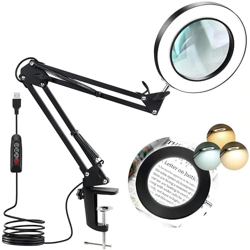 Kevsuvqin Lupa con Luz Led para Manualidades, 10x Lupas de Gran Aumento con Ajuste de 3Color & Brillo, Lampara con Pinza Metálico & Brazo Ajustable, Lampara Lupa Led con Luz para Costura & Reparación