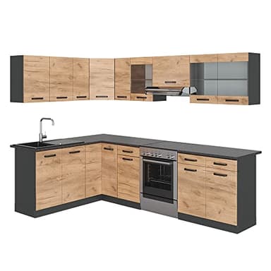 Vicco Cocina esquinera Rick, Oro Power Roble/Antracita, 167 x 60 cm, ET Negro Estampado