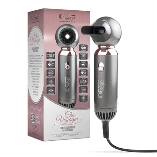 ID Italian Design - Secador de Pelo Iónico de Viaje Chic Voyager - 2200W - Tecnología Anti-Encrespamiento - Silencioso, Compacto y Ligero - 2 Velocidades y 2 Temperaturas - Cable 1,8 m - 27x7x5cm