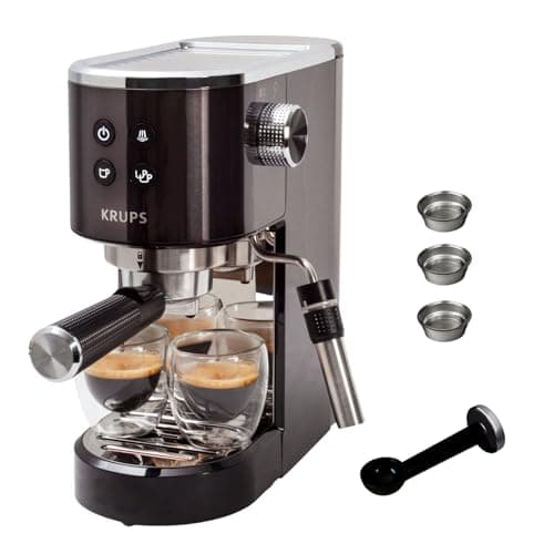 Krups Cafetera espresso bomba Virtuoso Essential, 15 Bares de Presión, Boquilla de vapor, Thermoblock, Cuchara Medidora y Compactador, Negro, XP444G