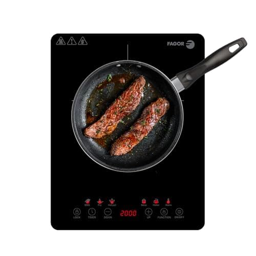 Fagor Lexie – Placa de Inducción 2000W, Pantalla Táctil, Ultra Slim, 6 Funciones, 9 Niveles de Calentamiento, Temporizador 60 Min, Regulador 80-200º, Bloqueo, Protección Sobrecalentamiento.