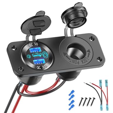 Toma USB 12V Marina Interruptor Panel Enchufe de 12 Voltios, PD3.0 y Doble QC3.0 Puertos USB Cargador de Coche de Aluminio, Enchufe de Mechero Impermeable 150W 12V Empotrable 2 en 1 para Barco Camper