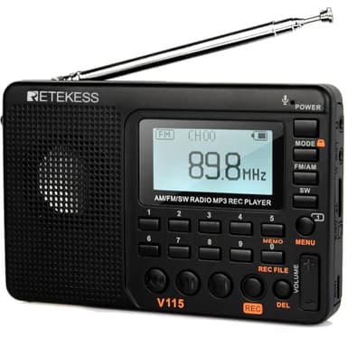 Retekess V115 Radio Portátil,FM Am SW Radio Pequeña,Radios Pequeñas Digitales con MP3,SD/TF/USB,3 Modos de Grabación,Tiempo de Sueño,Pantalla LCD,Regalo del Día de la Madre(Negro)