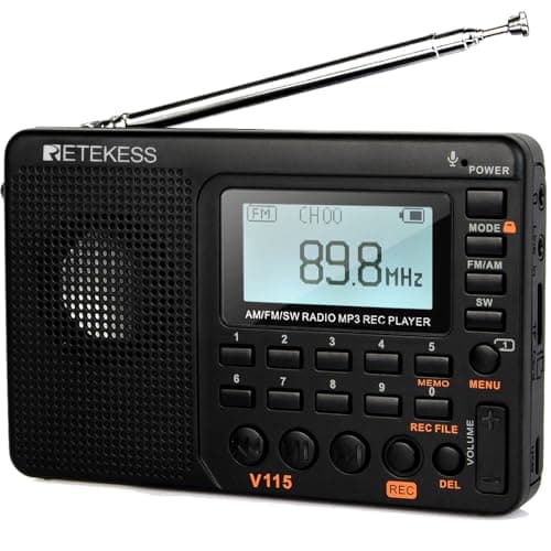 Retekess V115 Radio Portátil,FM Am SW Radio Pequeña,Radios Pequeñas Digitales con MP3,SD/TF/USB,3 Modos de Grabación,Tiempo de Sueño,Pantalla LCD,Regalo del Día de la Madre(Negro)