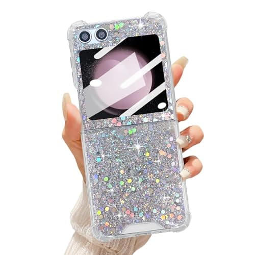 UEEBAI Funda para Samsung Galaxy Z Flip 6/Z Flip 5 5G, bonita funda con purpurina para mujer, bonita funda brillante para teléfono para niñas, cubierta de estrellas brillantes en cuatro esquinas,