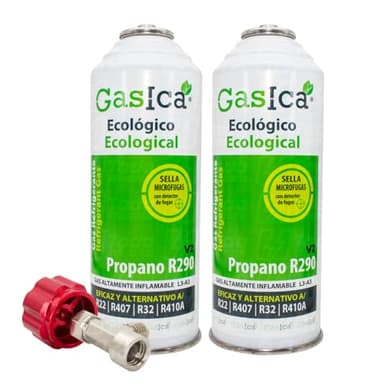Pack 2 Bombonas Gasica V2 Gas Refrigerante Ecológico Orgánico sustituto R22, R407, R32, R410A Y R290 para Recarga Aire acondicionado más Llave de Paso de perforación 1/2 hembra para botellas Gasica