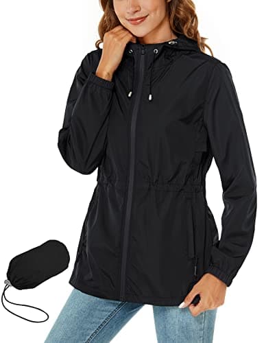 Rapbin Chubasquero plegable para mujer, impermeable, transpirable, ligero, cortavientos, con capuchaChaqueta cortavientos impermeable para senderismo., Negro , L