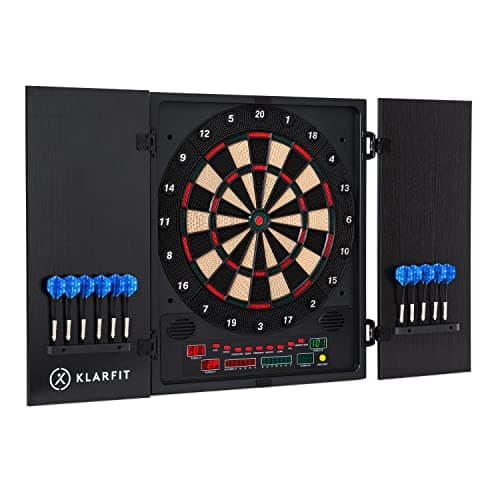 Klarfit Diana Electronica con Armario, Juego Diana Dardos Electrica LCD con 12 Colores, Punta Hierro, Marcador Digital, Diana Profesional Inteligente Adultos y Niños, Juego Casa Eléctrico