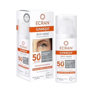 Ecran Sunnique - Fluido Facial Solar Anti-edad FPS 50+, con Ácido Hialurónico, Protección UVB + UVA e IR-A, Anti Arrugas y Anti Manchas, Fórmula con VitEox 80, Para Cara y Escote - 50 ml