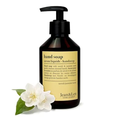 Jean & Len Jabón de manos líquido neroli y jazmín con dispensador para limpiar e hidratar las manos con suavidad, aroma afrutado y amaderado, sin parabenos, siliconas ni microplásticos, vegano, 250ml