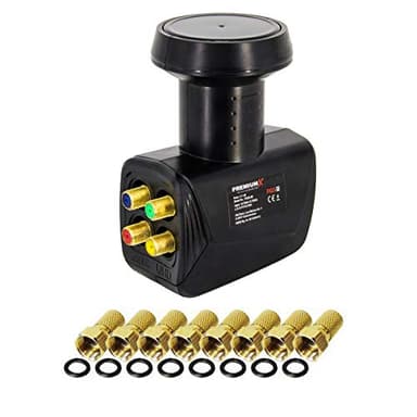 Premium X Quad LNB para 4 usuarios: Convertidor de señal de TV con protección contra el Clima, LNB Satélite Digital en Negro con 8 Conectores F incluidos. Compatible con DVB-S2 8K UHD 4K Full HD