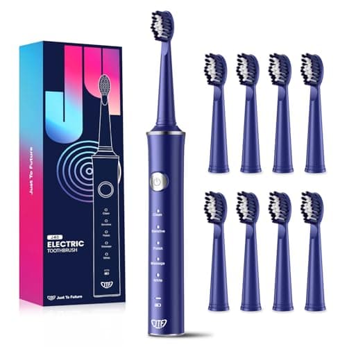 JTF Electricos Cepillo Dientes Sónico con 8 Cabezales, 5 Modos y Memoria Inteligente, Temporizador de 2 Minutos, IPX7 Resistente al Agua, Recargable, Carga Cápida 3H(Azul)