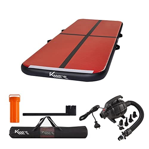 KM Fit - Esterilla hinchable para gimnasio, 5 m, color negro y rojo, incluye bolsa de transporte, bomba de aire eléctrica y juego de parches, resistente a los rayos UV, alfombrilla de entrenamiento