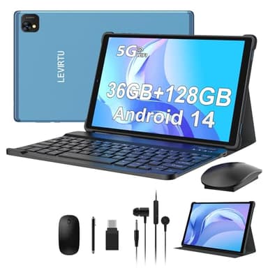 LEVIRTU Tablet 10 Pulgadas Android 14 Tableta 5G WiFi Octa Cores,2.0GHz Tablet PC 36GB RAM+128GB ROM, 1920 * 1200 FHD, 8000mAh,13MP+8MP, GPS, Face ID,Tablet con Teclado, Ratón (Azul)
