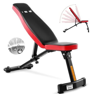 ISE Banco de Pesas Musculación Ajustable Plegable Multifuncional Inclinable Reclinable, Banco de Peso Plano Declinado Inclinado Abdominales para Fitness Entrenamiento Profesional con Respaldo