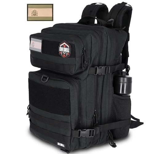 On Drill -Mochila Tactica Militar 45L estilo Crossfit color Negra con Velcro + Parche bandera de España