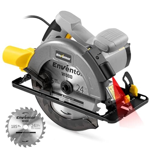 ENVENTOR 1400W Sierra Circular con Guia, Sierra Circular de Mano 6000RPM, Profundidad de Corte 62mm(90°), 48mm(45°), Hoja de Sierra 185mm(24T), Motor de Cobre Puro, Ideal para Cortar Madera