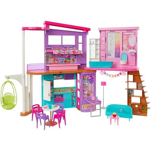 Barbie Casa Malibú Casa de muñecas plegable 2 pisos con 6 habitaciones y muebles, incluye 30 accesorios, juguete de regalo +3 años (Mattel HCD50)