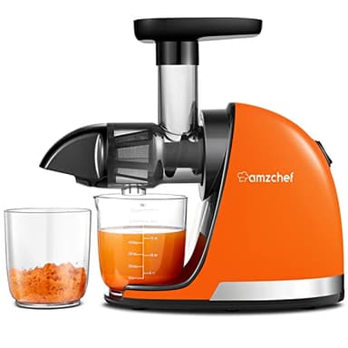 AMZCHEF Licuadora prensado en frío - Extractor de zumos y verduras - Licuadoras para zumos con 2 depósitos y cepillo - Cold press slow juicer machine con función de masticación inversa - Naranja