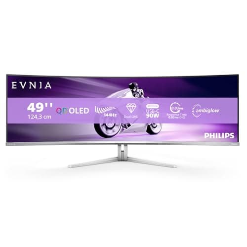 Philips Evnia 49M2C8900LA - Monitor Gaming Curvo OLED DQHD de 49 Pulgadas, 144 Hercios, 0,03ms GtG, HDR400, Ambiglow (5120x1440, HDMI 2.1, DisplayPort 1.4, USB-C, USB Hub) Blanco