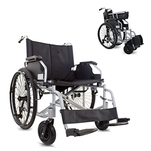 Mobiclinic®, Silla de ruedas Bariátrica, Ancho Especial 60 cm, Resistente, Máx. 225 Kg, Extraíbles con un Solo Botón, Sistema Antivuelco, Chasis doble Cruceta, Reposabrazos y Reposapiés