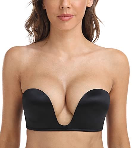 DotVol Sujetador sin Tirantes Push up para Mujer Escote Profundo U con Relleno Media Copa（85B,Negro）