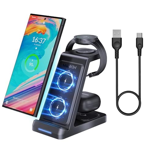 MANKIW Cargador Inalámbrico para Samsung,Estación de Carga Rápida,3 en 1 Base de Carga Inalámbrica para Samsung Galaxy S25 S24 S23 S22 Ultra Z Flip Fold 6/5/4/3Galaxy Watch 7/6/5/4/3Buds