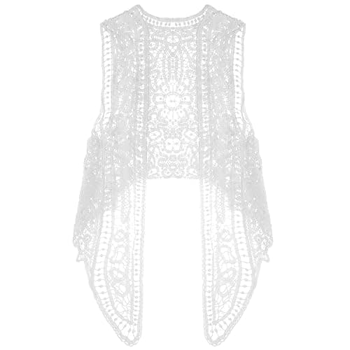 SATINIOR Chaleco de Ganchillo Verano Hippie Bohemio Cárdigan de Encaje Hueco Abierto Drapeado Irregular sin Manga (Blanco)