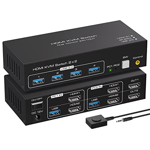 VPFET 4K120Hz HDMI KVM Switch 2 PC 2 Monitores Conmutador KVM 2 Ordenadores 2 Monitors 8K60Hz para Dual Monitor con 4 Puertos USB 3.0 Soporte de Copia y Pantalla Extendida y Control de Escritorio
