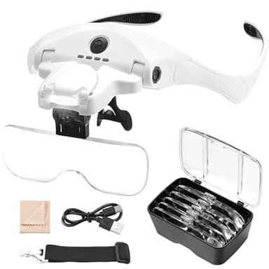 Lupa con Luz Anpro, 5 Lentes Desmontables (1X-3.5X), 4 LED con Brillo Ajustable, Lente de Aumento con Diadema Adicional para Trabajos Cercanos, Reparación de Joyas, Relojería, Manualidades.