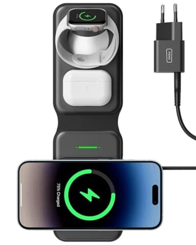 INIU Cargador Inalambrico 3 en 1 de Viajar, Base de Carga Magsafe 15W Carga Rapida para iPhone 16 15 Pro MAX 14 13 12 y Apple Watch Series 9 8 7 6 5 4 3 SE Ultra, AirPods Pro 4 3 Pro 2 ECC.