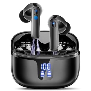 Auriculares Inalámbricos Bluetooth, Auriculares Bluetooth 5.3 con 4 HD Reducción de Ruido ENC Mics, 40 Horas Cascos Inalambricos HiFi Estéreo, IP7 Impermeable con LED Pantalla, USB-C, Negro