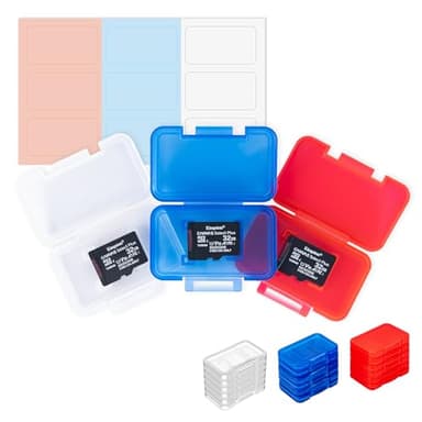 Kiorafoto 18 fundas de plástico transparente multicolor para 18 tarjetas micro SD, SDXC, SDHC, TF, organizador de almacenamiento con etiquetas