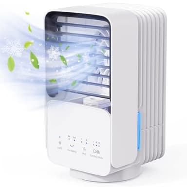 OMISOON Aire Acondicionado Portatil, 4 en 1 Enfriador de Aire, Tanque de 800ml, 60°/120° Oscilación, 3 Velocidades, 2 Modos de Niebla, Mini Aire Acondicionado con Luz LED, Ideal para Hogar, Oficina