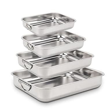 ROSSETTO Bandeja para Hornear Rectangular de Acero Inoxidable con Asas Plato para hornear Juego de 4 tamaños Rustidera de Horno Plato para lasaña