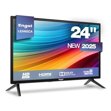 Engel LE2462CA - Televisor LED de 24'' HD Ready para Camping y Caravanas - 3 HDMI, 2 USB, Adaptador de Coche, Audio Dolby, Compacto y Ligero - Sintonizador DVB-T2/S2/C - Modo Hotel - PVR y Time-Shift