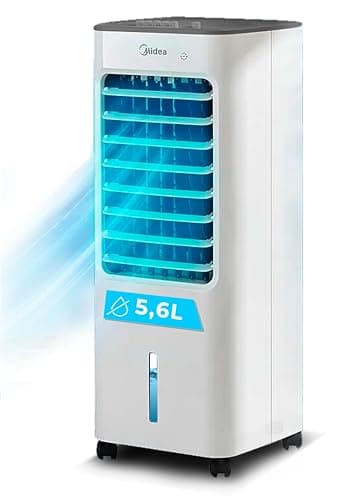 MIDEA Enfriador de Aire Portatil Grande, 3 en 1 con Tanque 5.6L, Climatizador Evaporativo con 3 Velocidades, Temporizador 7h, Silencioso, LED, Ventilador Aire Frio con Acumuladores de hielo Extraíbles