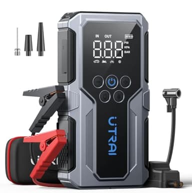 4-en-1 Arrancador de Baterias de Coche,4000A Arrancador de Coches con Compresor de Aire de 150 PSI/18W Carga Rápida y Pantalla LCD/Linterna LED Salida(para 8.5L Gas o 6.5L Diesel) UTRAI Jump Starter