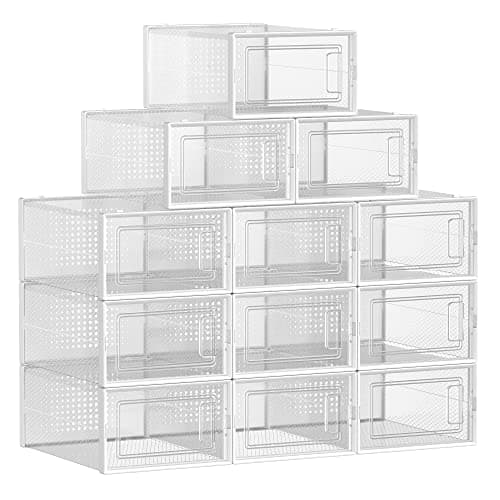 SONGMICS Cajas de Zapatos Plástico, Juego de 12 Organizadores de Almacenamiento, Caja Zapatero Plástico Plegable y Apilable para Zapatillas hasta talla 44, Transparente y Blanco LSP12SWT
