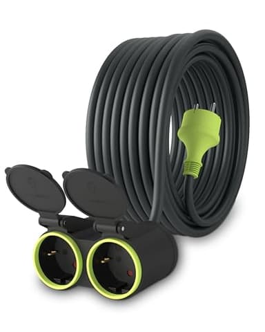 MutecPower 15m Cable alargador de corriente con 2 enchufes Schuko para uso exterior IP44 H05RR-F3G 1,5mm² alargo doble con 2 tomas Protección Infantil Cable de Goma para Exterior 15 metros negro/verde